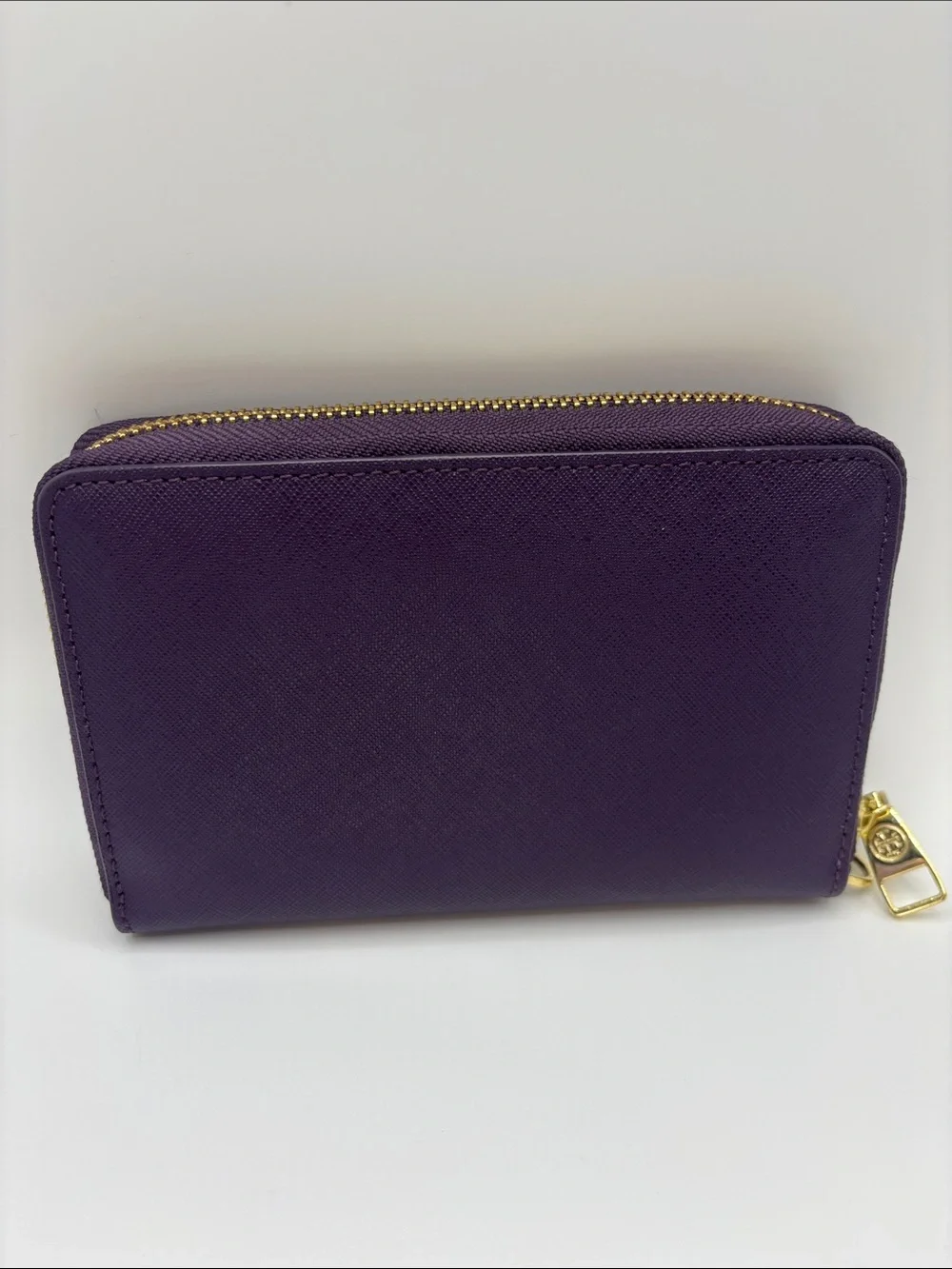 Tory Burch Deep Purple Leather Zip-Around Wallet with Gold Logo